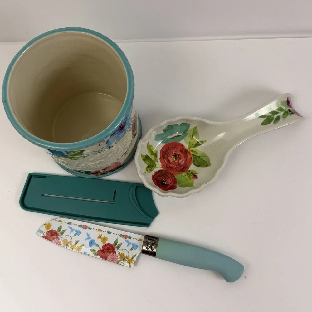 Pioneer Woman Melody Floral Mini Utensil Holder Crock Spoon Rest Knife Set